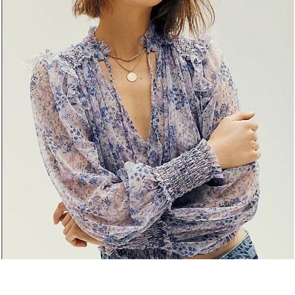 Free People Sheer Cropped Tie Floral Twyla Print Top in Purple/Blue XS